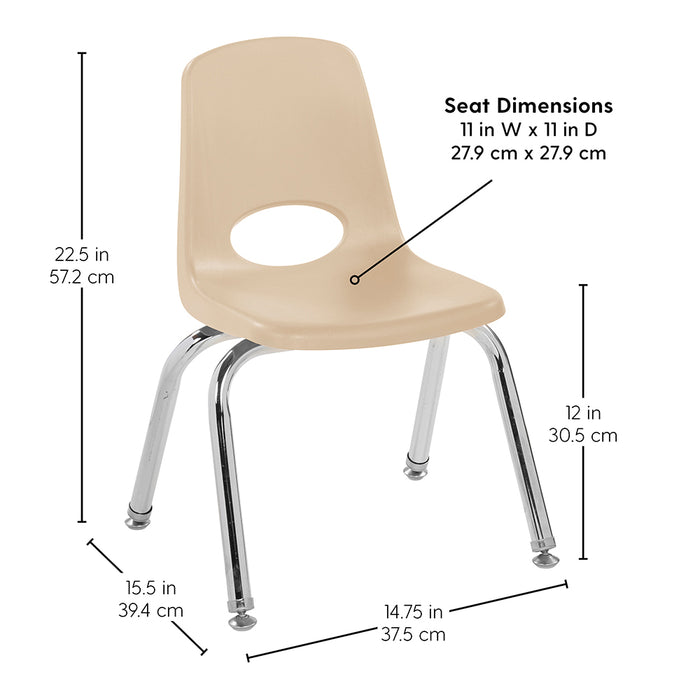 Beige chair with dimensions labeled on a white background