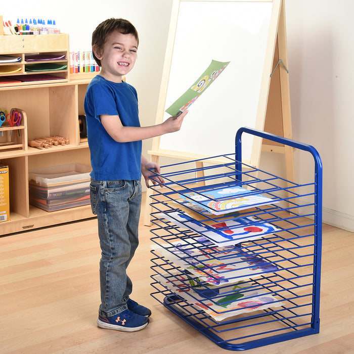 Kid with 15-Shelf Sturdy Paint Classroom Drying Rack