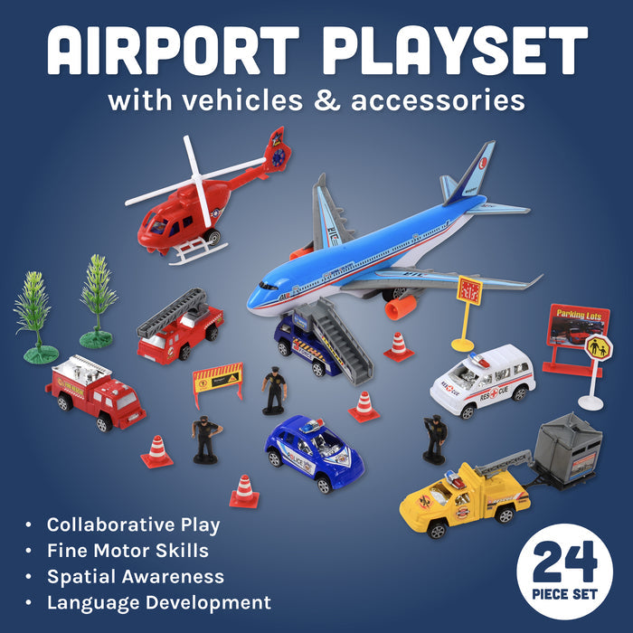 24-Piece Airport Playset with Vehicles, Helicopter, Airplane & Accessories