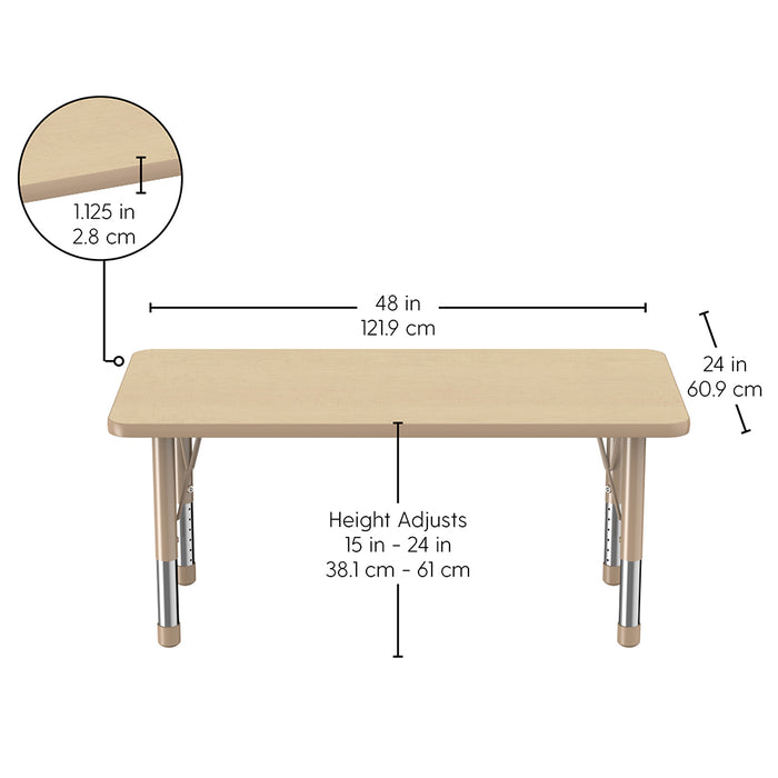 Measurement chart of a adjustable height table with dimensions and specifications.