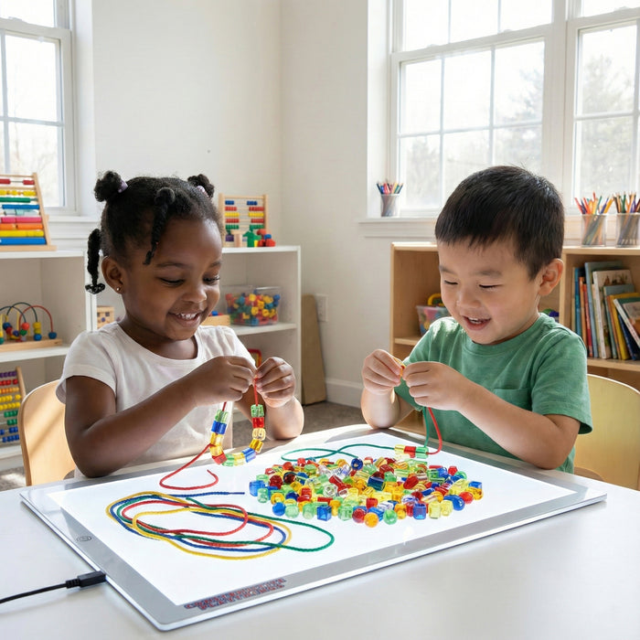 Two children playing with colorful beads on a light pad in a classroom setting.