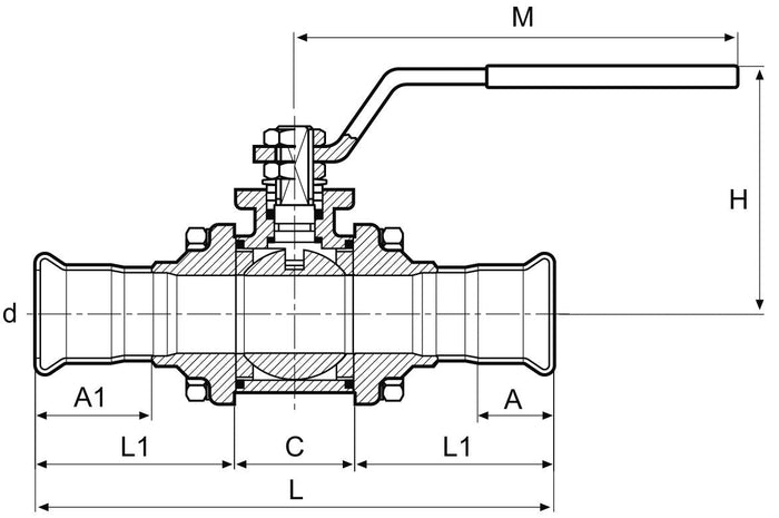 Technical drawing of a valve with dimensions labeled