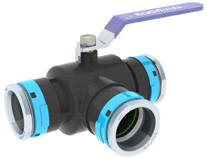Black and blue three-way ball valve with a purple handle on a white background