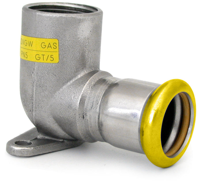 316L Gas 90° Female Elbow with Flush Wall Mount by Airenergy Dev, 15mm x 1/2" FBSP, stainless steel pipe fitting.