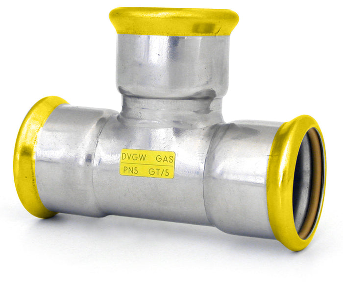 Metal pipe fitting with yellow accents on a white background