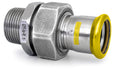 Metal pipe fitting with yellow accent on a white background