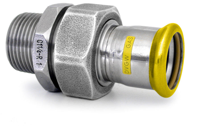 Metal pipe fitting with yellow accent on a white background