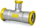 Metal pipe fitting with yellow accents on a white background