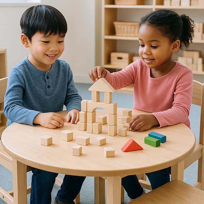 Two children playing with wooden blocks at a table in a classroom setting.