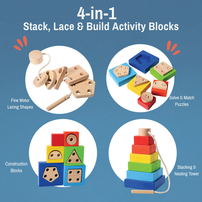 4-in-1 Stack, Lace & Build Activity Blocks with various educational activities on a blue background