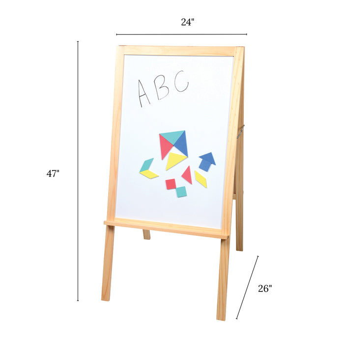 Wooden easel with whiteboard surface displaying 'ABC' and colorful shapes, with measurements indicated.