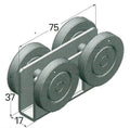 Mechanical pulley system with dimensions labeled on a white background