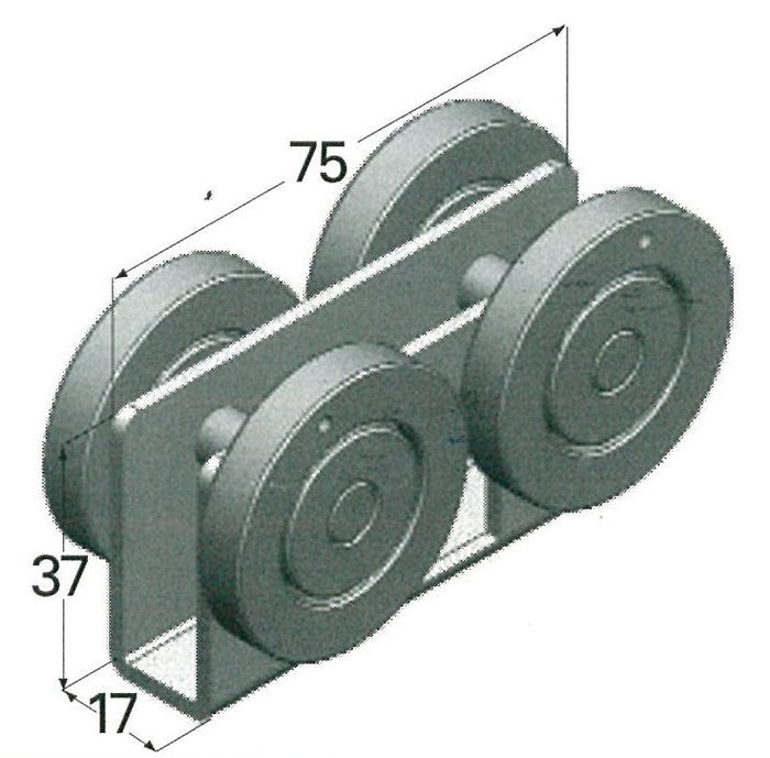 Mechanical pulley system with dimensions labeled on a white background