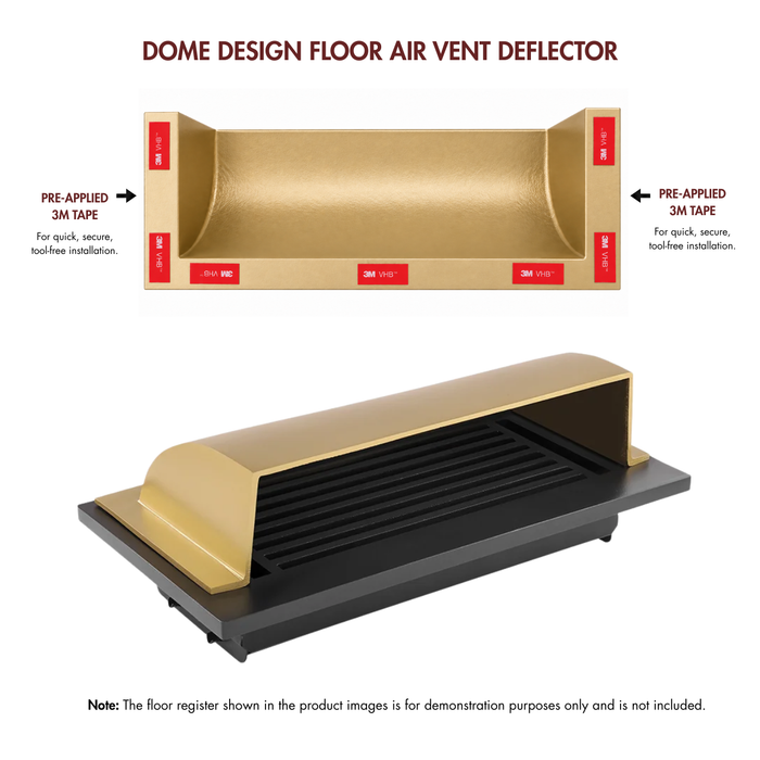 A 4x10 matte gold deflector design shown from the front and side angles with pre-applied 3M tape and mounting tape.