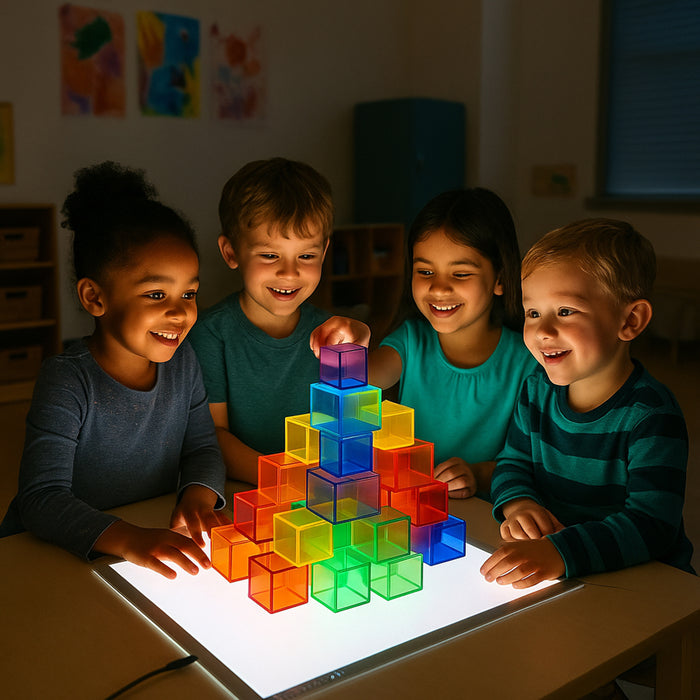 Children playing with colorful transparent blocks on a light-up table in a dark room.