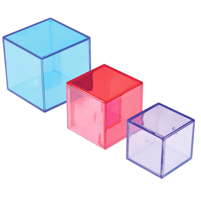 Three transparent cube-shaped blocks in blue, red, and purple on a white background