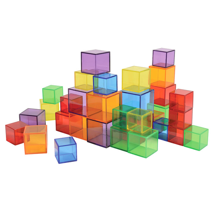 Colorful transparent cube building blocks on a white background