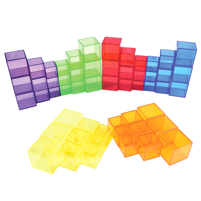 Set of colorful transparent building blocks on a white background