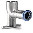 Airenergy Dev Europress 90° female elbow extended offset wall mount with 15mm x 1/2" F BSP threaded connections, made of stainless steel.