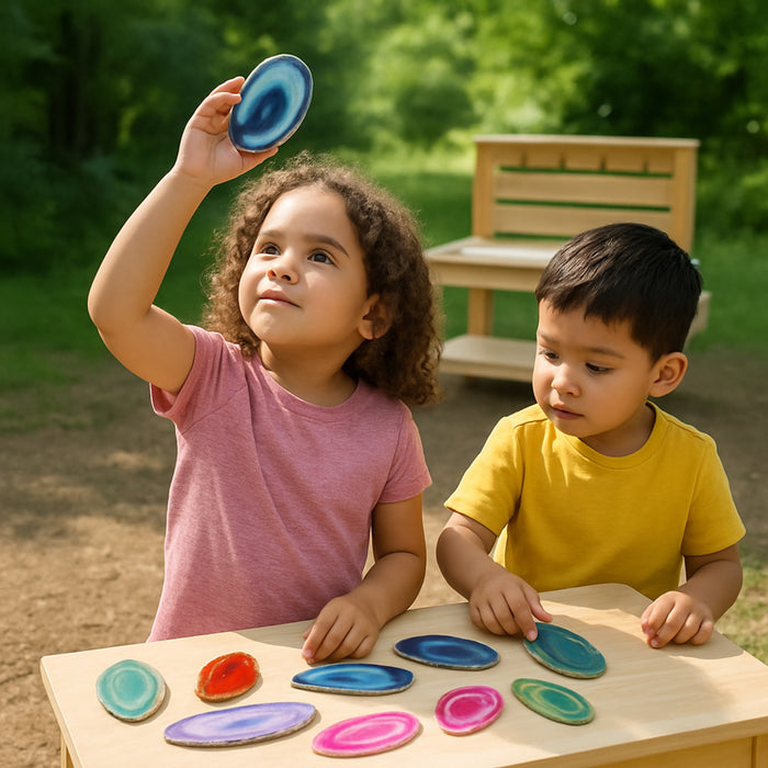 Two children playing with colorful ceramic plates outdoors.
