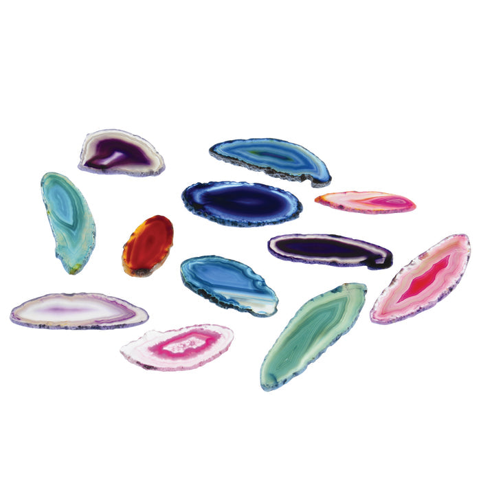 Collection of colorful agate slices on a white background