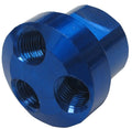 Blue metal fitting with threaded ports on a white background