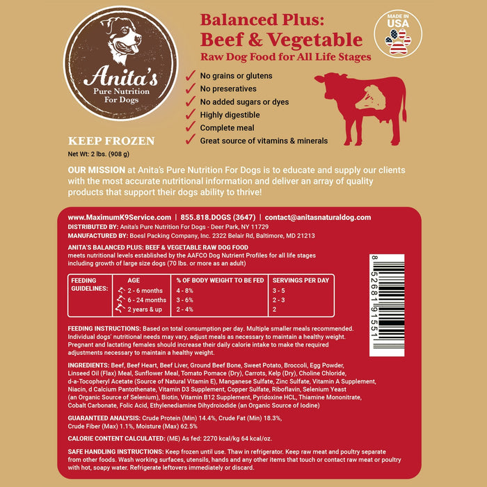 Anita's Pure Nutrition Balanced Plus: Beef & Vegetable 2 lbs.-Nutrition-K9 Kraving-Maximum K9 Services