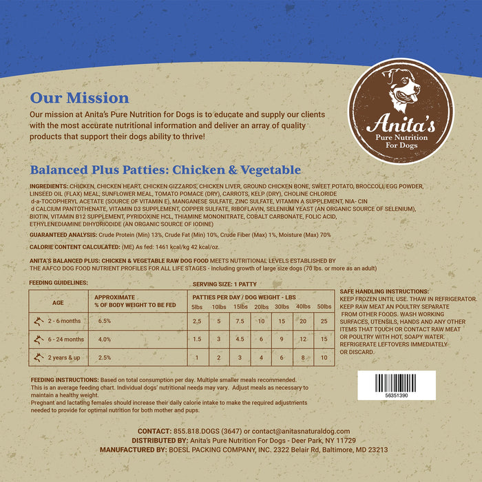 Anita's Pure Nutrition Balanced Plus Patties: Chicken & Vegetable 5 lbs.-Nutrition-K9 Kraving-Maximum K9 Services