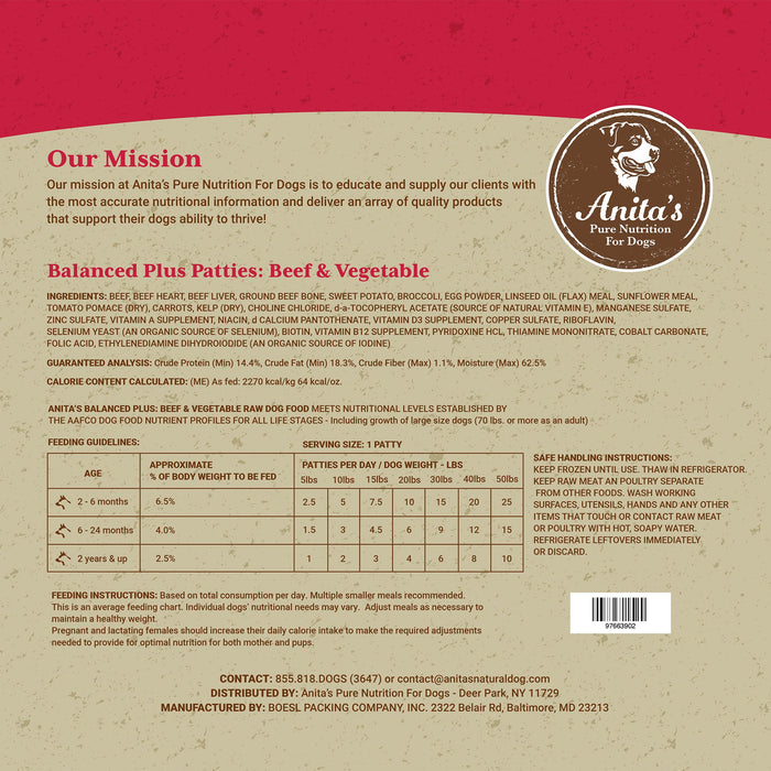 Anita's Pure Nutrition Balanced Plus Patties: Beef & Vegetable 5 lbs.-Nutrition-K9 Kraving-Maximum K9 Services