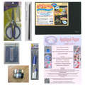 A collage showing various applique paper tools including scissors, a glue pen, a black mat, and packaging for a quilting applique paper product.