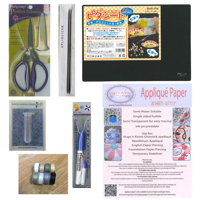 A collage showing various applique paper tools including scissors, a glue pen, a black mat, and packaging for a quilting applique paper product.