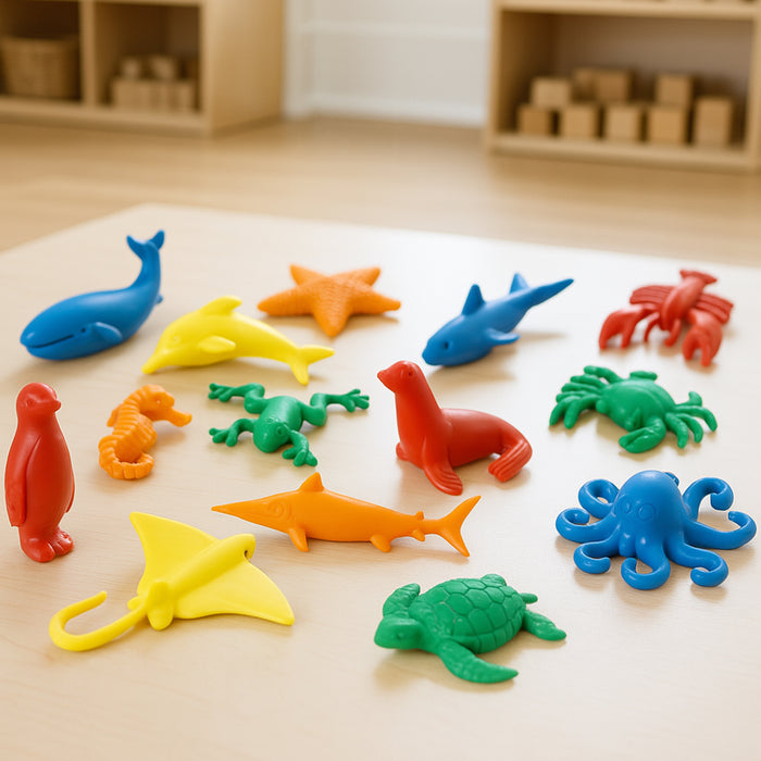 Colorful toy sea creatures on a light surface with shelves in the background