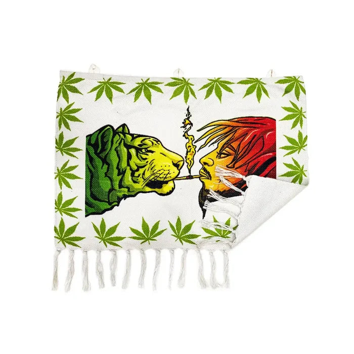 3ft x 2ft guy leaf motif wall hanging with white woven scarf, green cannabis border, tiger and red-haired figure sharing joint