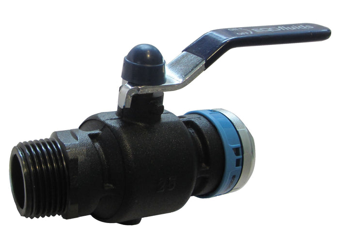 Ball valve with black body, blue gasket, and silver handle on a white background