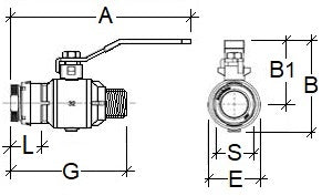 Technical drawing of a valve with labeled dimensions