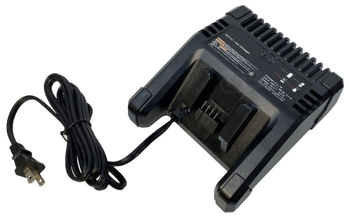 Black battery charger with power cord on a white background