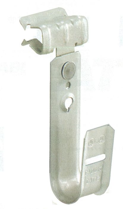 Europress beam clamp with H1 J-hook for pipe support, shown attached to a structural beam in a construction setting