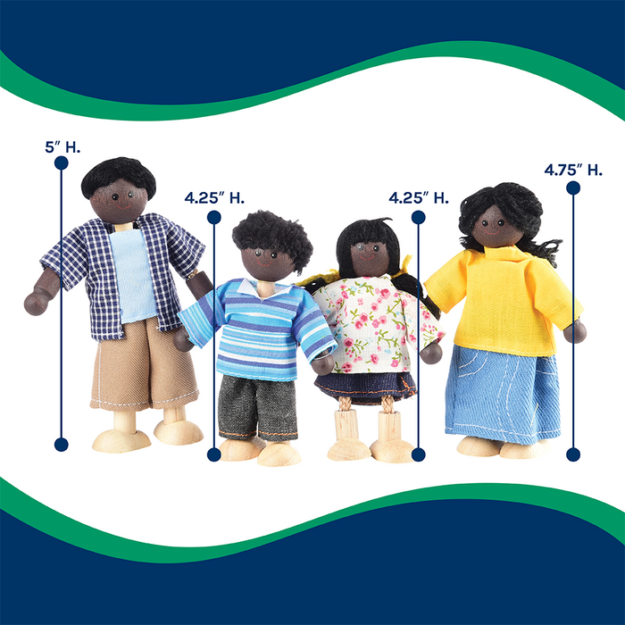 Four dolls of different heights with measurement indicators on a white background