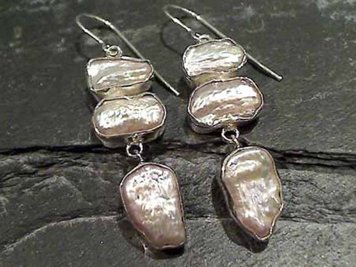 Biwa Pearl, Sterling Silver Earrings
