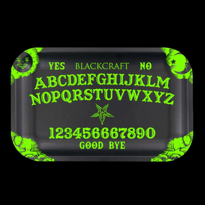 Blackcraft Smoke Mini Rolling Tray - Ouija with neon green lettering on a black background