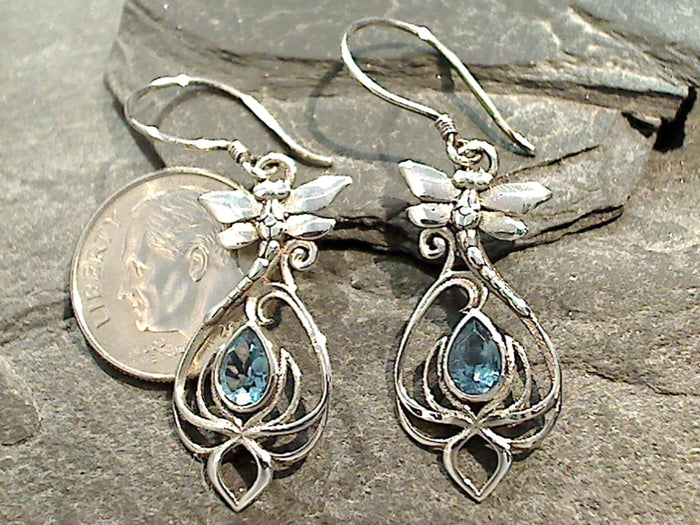 Blue Topaz, Sterling Silver Dragonfly And Lotus Earrings