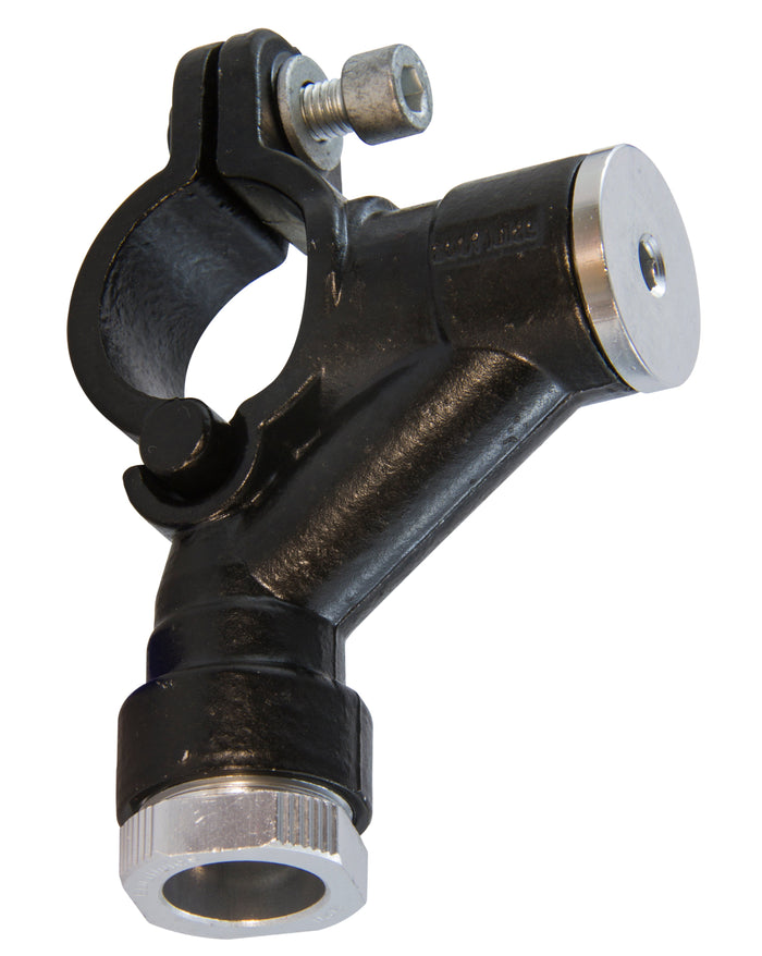 Metal clamp with black and silver finish on a white background
