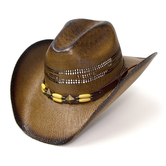 brown straw cattleman beaded diamond concho western hat