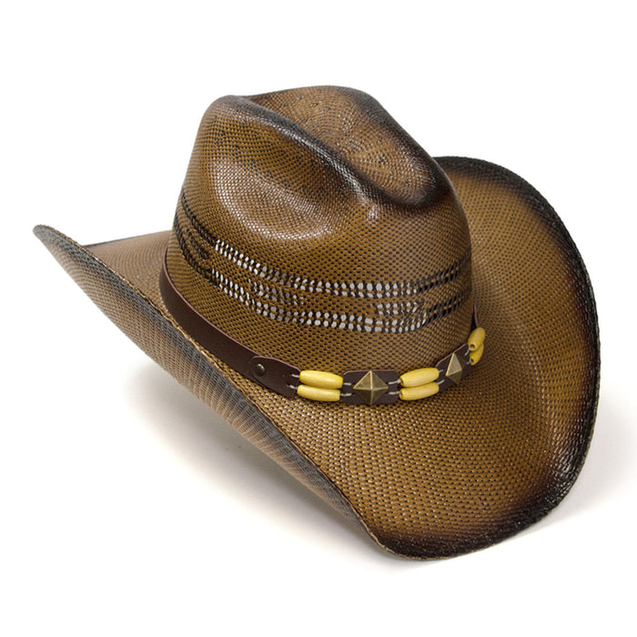 brown straw cattleman beaded diamond concho western hat