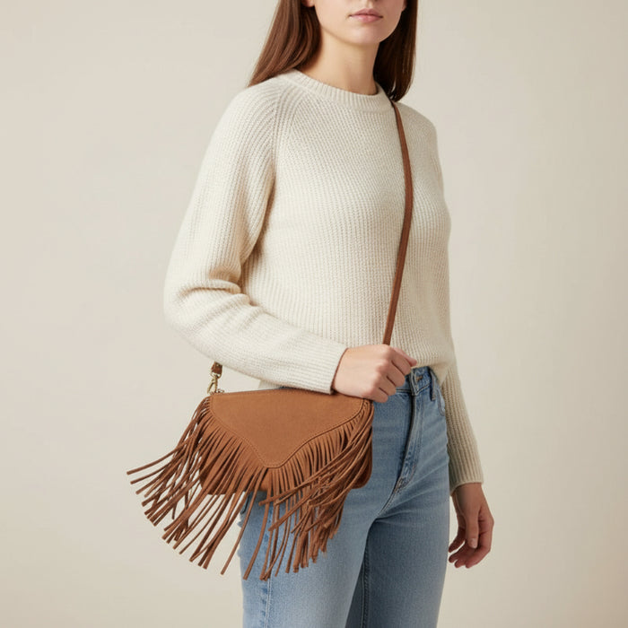 brown suede leather cross body fringe purse
