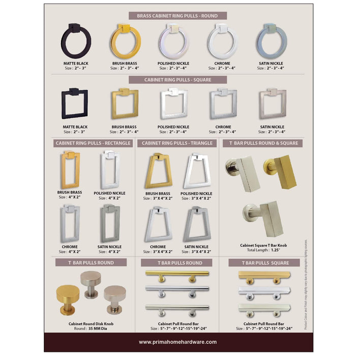 A Prima Decorative Hardware catalog page displays round, square, rectangle, and triangle ring pulls in black, brass, nickel, and chrome, along with matching T-bar and square bar pull handles, each labeled by size and finish.