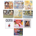 A collage of children's book covers arranged in a 3-by-3 grid on a white background. Visible titles include 'Olivia', 'The Snowy Day', 'Alphabet City', 'Where the Wild Things Are', 'The Ugly Duckling', 'Tops and Bottoms', 'Knuffle Bunny', 'Knuffle Bunny Too', and 'There Was an Old Lady Who Swallowed a Fly'.