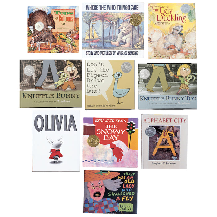 A collage of children's book covers arranged in a 3-by-3 grid on a white background. Visible titles include 'Olivia', 'The Snowy Day', 'Alphabet City', 'Where the Wild Things Are', 'The Ugly Duckling', 'Tops and Bottoms', 'Knuffle Bunny', 'Knuffle Bunny Too', and 'There Was an Old Lady Who Swallowed a Fly'.