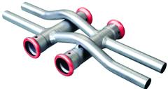 Metal pipe fitting with red gaskets on a white background