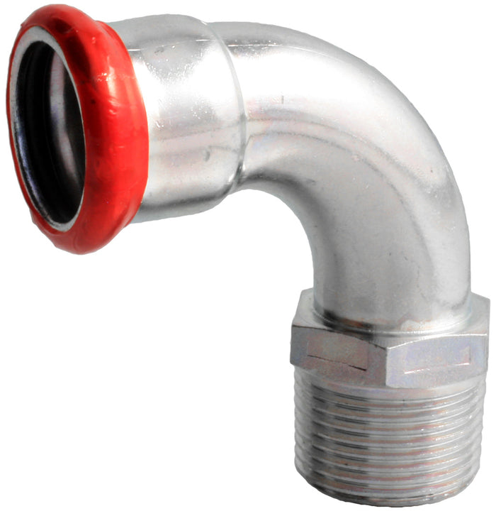 Metal pipe fitting with red compression ring on a white background